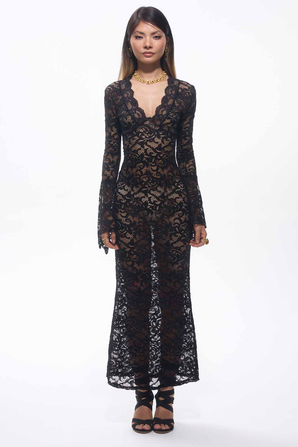 Sekna V-Cut Floral Lace Maxi Dress Black