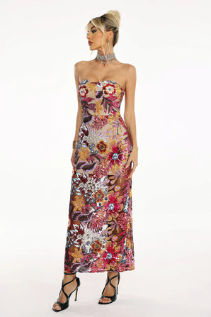 Floral Sequin Strapless Dress