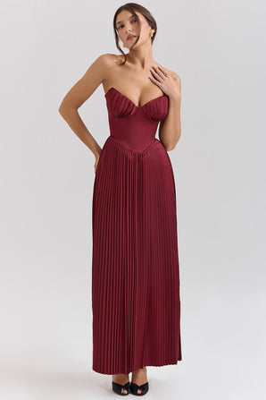 MIRELLA BERRY PLEATED GEORGETTE MAXI DRESS CLARET