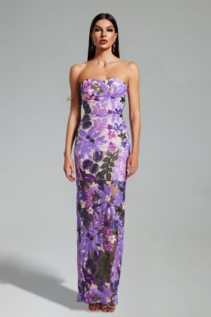 Purple Floral Sequin Midi Dress
