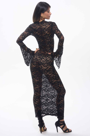 Sekna V-Cut Floral Lace Maxi Dress Black