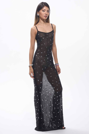 Frema Crystal Mesh Maxi Cocktail Dress Black