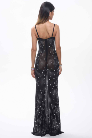 Frema Crystal Mesh Maxi Cocktail Dress Black