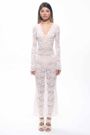 Sekna V-Cut Floral Lace Maxi Dress White