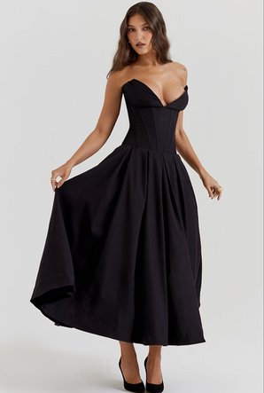 MADAME SCARLET BLACK STRAP-ON MIDI DRESS