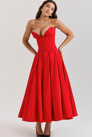 MADAME SCARLET RED STRAP-ON MIDI DRESS