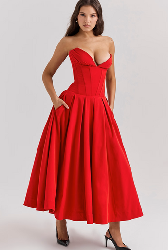 MADAME SCARLET RED STRAP ON MIDI DRESS Red XS