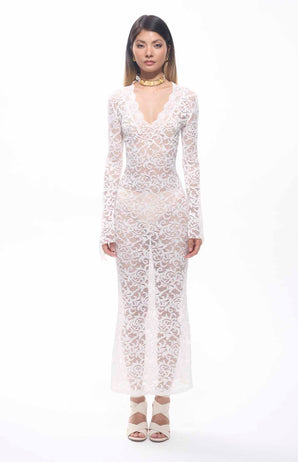 Sekna V-Cut Floral Lace Maxi Dress White