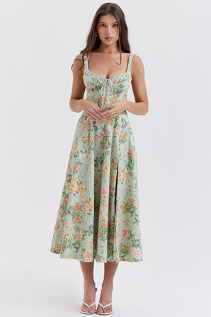 SABRINA LIGHT GREEN FLORAL MIDI DRESS