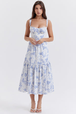 ISA IVORY FLORAL LIGHT BLUE MIDI DRESS