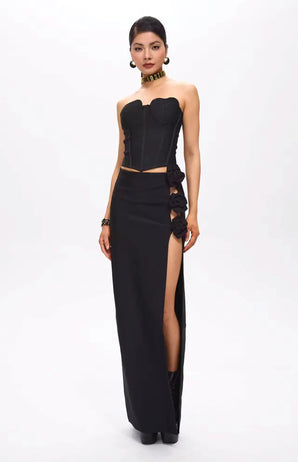 Tita Bandage Flower Decorated Maxi Skirt Black