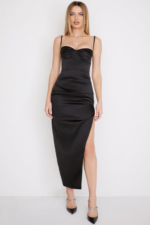 FLAVIA BLACK SATIN PLEATED MIDI DRESS